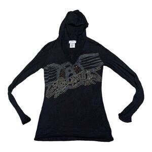 Disney Black Long Sleeve Hooded Tee AEROSMITH ROCKIN ROLLER COASTER